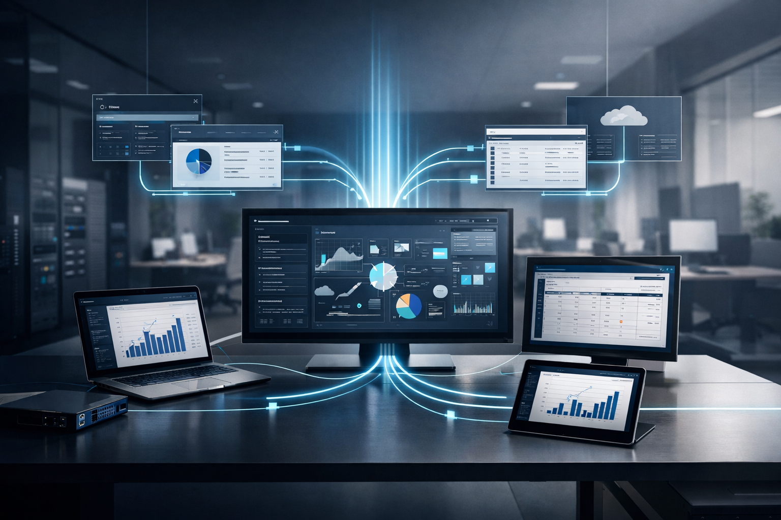Editoriales Bild, das getrennte digitale Systeme zeigt, die wieder in einen gemeinsamen operativen Fluss eingebunden werden.